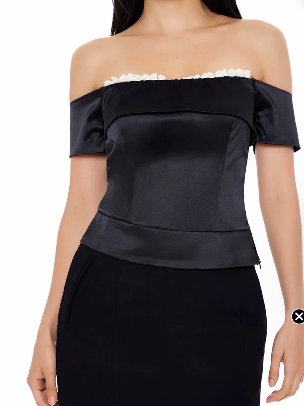 Black Off-Shoulder Satin Top with White Lace